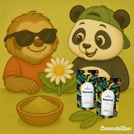 A sloth in sunglasses and a panda in a cap look at different forms of kanna – kanna flower, powder and Canntropy kanna extract 20:1 and 100:1, with the white CannabiZoo logo at the bottom right