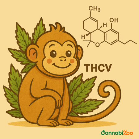 Un desen animat cu o maimuțică așezată lângă o frunză de cannabis, textul THCV și formula chimică a THCV