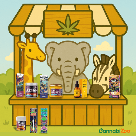 Girafă, elefant și zebra desenate care conduc un stand ce vinde produse THCV, sigla CannabiZoo este în colțul din dreapta jos