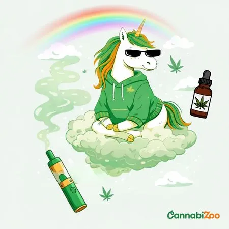 Ένας εικονογραφημένος μονόκερος με γυαλιά και φούτερ αιωρείται σε ένα σύννεφο επειδή ο HCT παράγει έντονα αλλά ισορροπημένα αποτελέσματα· δίπλα του υπάρχει μια συσκευή ατμίσματος και ένα μπουκάλι με HCT έλαιο, με το λογότυπο CannabiZoo κάτω δεξιά
