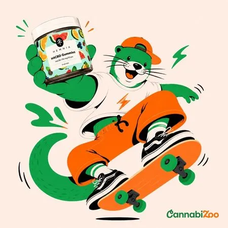En utter som åker skateboard medan den håller H4CBD-gummigodis, vilket illustrerar H4CBD:s avslappnande effekter, förbättrat humör och allmänt välbefinnande i CannabiZoo-universumet.