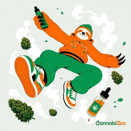 Illustratie in CannabiZoo-stijl — een luiaard gebruikt een verdamper omgeven door damp, cannabisbloemen en e-liquids