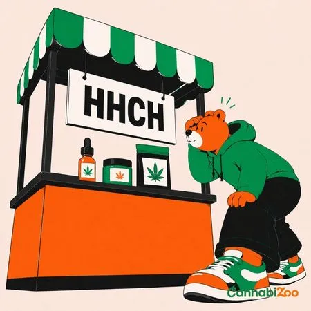 Ilustrirani medvjed i kiosk s naslovom: HHCH proizvodi u stilu CannabiZoo