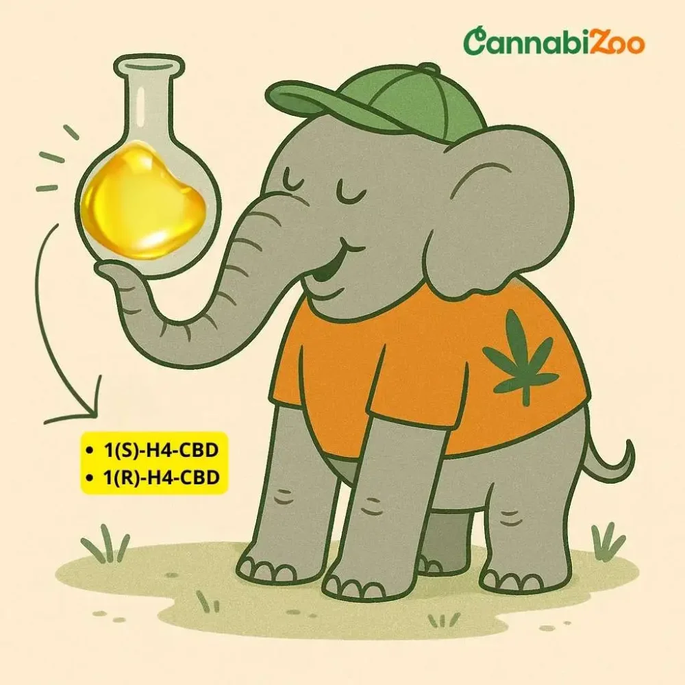 Illustration of a CannabiZoo-style elephant holding a flask with H4CBD extract – showing the molecules 1(S)-H4-CBD and 1(R)-H4-CBD