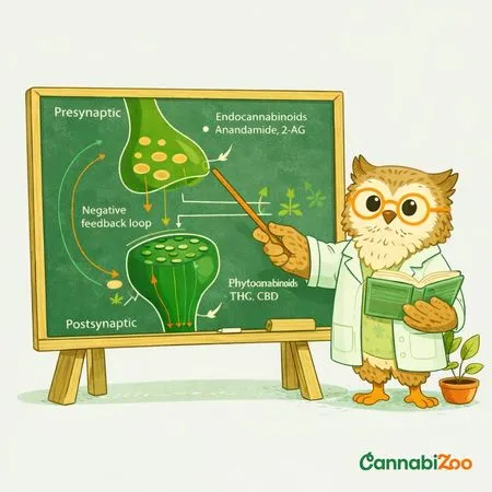 Un hibou illustré se tient près d'un tableau montrant le fonctionnement du système endocannabinoïde (SEC) — comment fonctionnent l'anandamide et le 2‑AG et comment les signaux sont transmis entre les cellules ; le logo CannabiZoo est en bas à droite