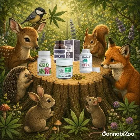 CBD capsules, various products on a stump and animals nearby, CannabiZoo logo bottom right