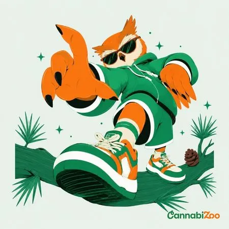 Stilizirana ilustracija sove u zelenoj dukserici i sunčanim naočalama, koja predstavlja CBD kao miran kanabinoid u usporedbi CBD vs. THC i njihovih učinaka na endokanabinoidni sustav