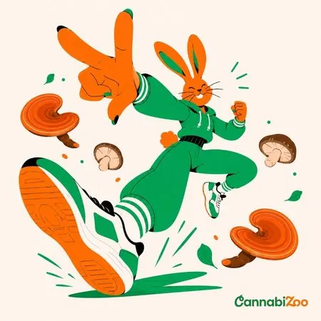 Zajíc mezi medicinálními houbami představuje funkční houby a jejich účinky – ilustrace ve stylu CannabiZoo