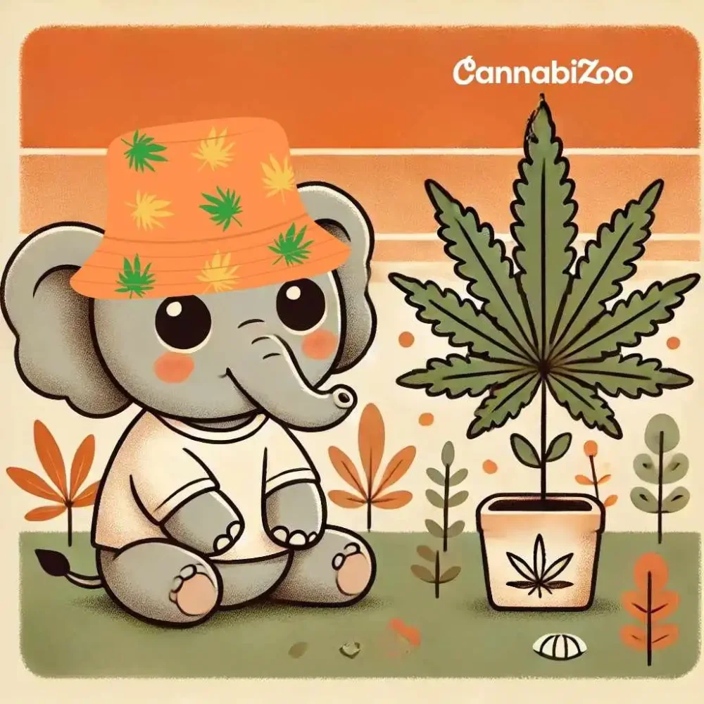 Egy illusztrált elefánt nézi a kannabisz növényt, amint az cannabigerolt (CBG) termel.