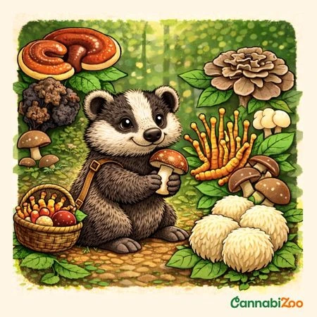 Un blaireau animé est entouré de champignons médicinaux dans la forêt : reishi, shiitake, maitake, crinière de lion, cordyceps, chaga et queue de dinde.