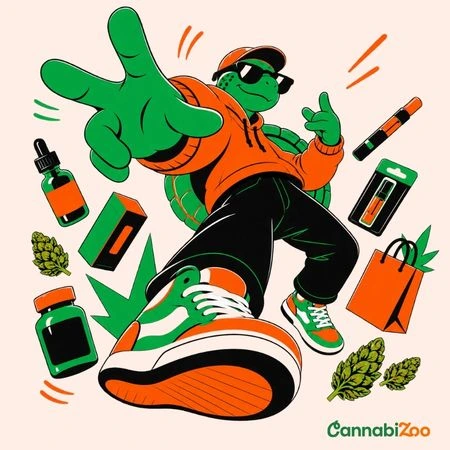 Une tortue avec des produits CBN—huiles, gélules, joints et fleurs ; le logo CannabiZoo en bas à droite