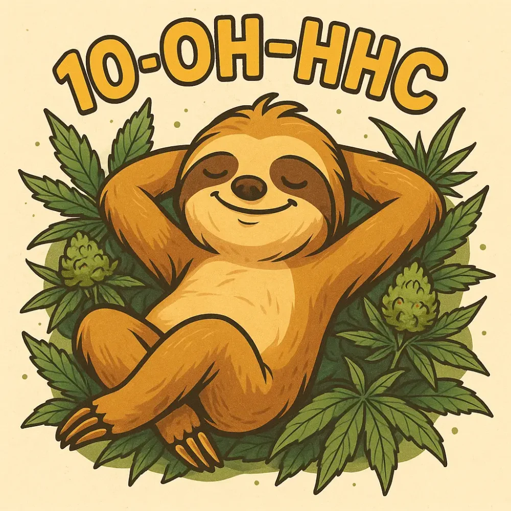 Спокоен ленивец символизира успокояващия ефект на 10-OH-HHC.