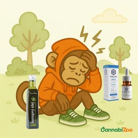 Iliustruota beždžionė su džemperiu ir kepure, kenčianti nuo galvos skausmo, kanapių aliejus vs. CBD aliejus skausmui, kartu su CannabiZoo logotipu