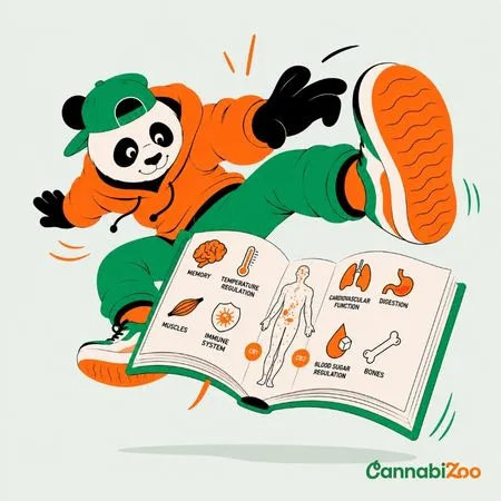 A panda holding a book explaining how the endocannabinoid system (ECS) works in the body—its effects on memory, immunity, digestion, muscles, and more; the CannabiZoo logo is at the bottom right