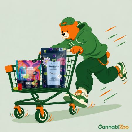 Un urs aleargă cu un cărucior plin cu jeleururi CBD.