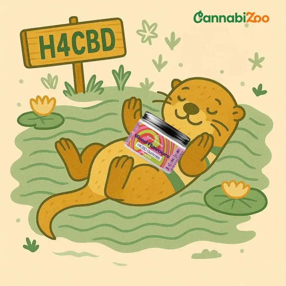 Illustration of an otter relaxing on waves with a pack of H4CBD sweets from Canntropy, suggesting possible relaxing effects