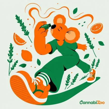 En tecknad koala luktar på flaskor med terpener, CannabiZoo-logotypen längst ner till höger