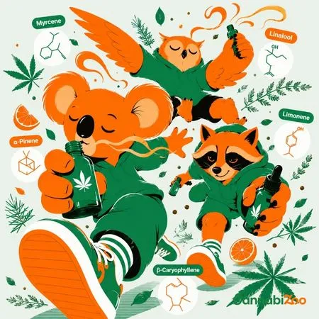 Tecknade djur, terpener och terpennamn, CannabiZoo-logotyp längst ner till höger