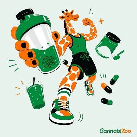 Giraffe mit Kollagenpulver, Kollagenkapseln und einem Kollagen-Getränk; das CannabiZoo-Logo befindet sich unten rechts