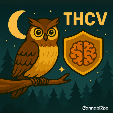 O bufniță desen animat stă pe o ramură în pădure noaptea, lângă ea este un scut cu un creier, textul THCV și sigla CannabiZoo în colț