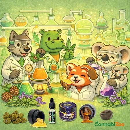Crtić životinja u laboratoriju koji proizvode terpene, s proizvodima koji sadrže terpene ispod, logo CannabiZoo u donjem desnom kutu
