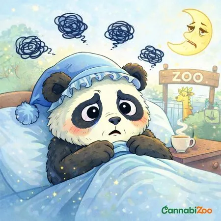 Illustration d'un panda triste au lit, représentant le stress et l'insomnie en relation avec le système endocannabinoïde (SEC) ; le logo CannabiZoo est affiché en bas à droite