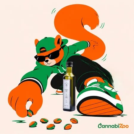 Vjeverica s kapom i sunčanim naočalama sakuplja sjemenke konoplje koje se koriste za proizvodnju konopljinog ulja. Desno je konopljino ulje, uz logo CannabiZoo