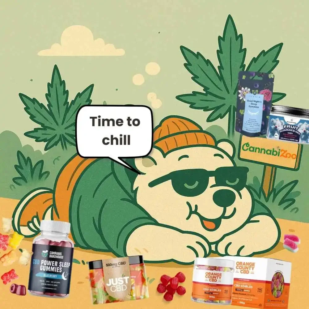 Ilustrație cu un urs polar întins pe burtă, cu un balon de gânduri: „E timpul să te relaxezi”, înconjurat de diverse bomboane gumate cu CBD, însoțit de logo-ul CannabiZoo