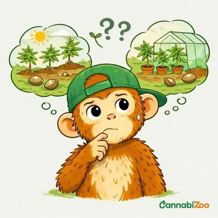 Ilustrovaná opica v čiapke rozmýšľa nad rôznymi typmi semien konope — fotoperiodické vs. samokvetúce; logo CannabiZoo je zobrazené vpravo dole