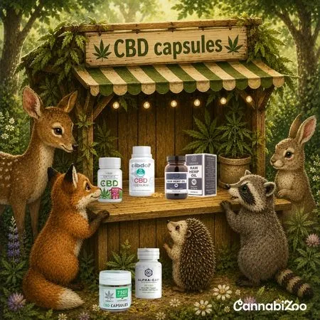 A stall selling CBD capsules, with an animal nearby, and the CannabiZoo logo at the bottom right