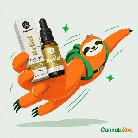 Ljenivac osjeća opuštajuće učinke CBD-a držeći bočicu Happease 20% CBD Relief ulja