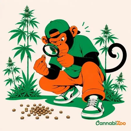 Iliustruota beždžionė su skrybėle tiria per didinamąjį stiklą CBD turtingas kanapių sėklas; CannabiZoo logotipas parodytas apačioje dešinėje