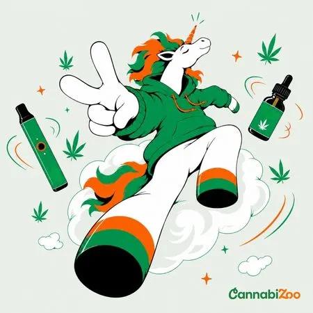 Jednorožec s vape zariadením a fľaštičkou oleja zobrazuje rôzne spôsoby použitia kanabinoidu HCT a jeho účinky, ilustrácia v štýle CannabiZoo