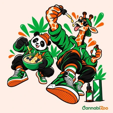 En giraf drypper CBD-olie i munden, en panda drypper det i sin morgengrød; CannabiZoo-logoet er nederst til højre
