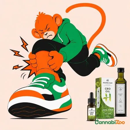 Ilustrirani majmun u hoodici i kapici koji pati od glavobolje, konopljino ulje naspram CBD ulja za bol, uz logo CannabiZoo