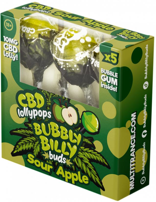 Bubbly Billy Pupoljci 10 mg CBD lizalice od kisele jabuke s žvakom iznutra – poklon kutija (5 lizalica)