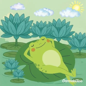 Smilende frosk på en vannlilje omgitt av blå lotusblomster Smilende frosk på en vannlilje omgitt av blå lotusblomster