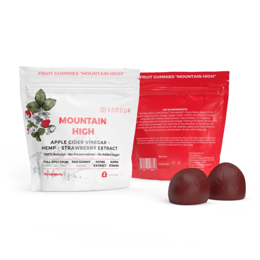 Endoca Gommes CBD Mountain High, 300 mg de CBD, saveur fraise, 2 pièces, 4 g
