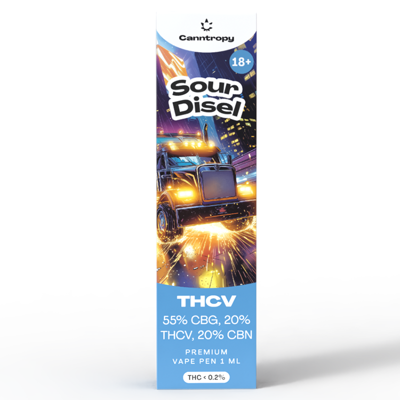 Canntropy THCV Vape Pen Sour Diesel, 20 % THCV, 60 % CBG, 20 % CBN, 1 ml