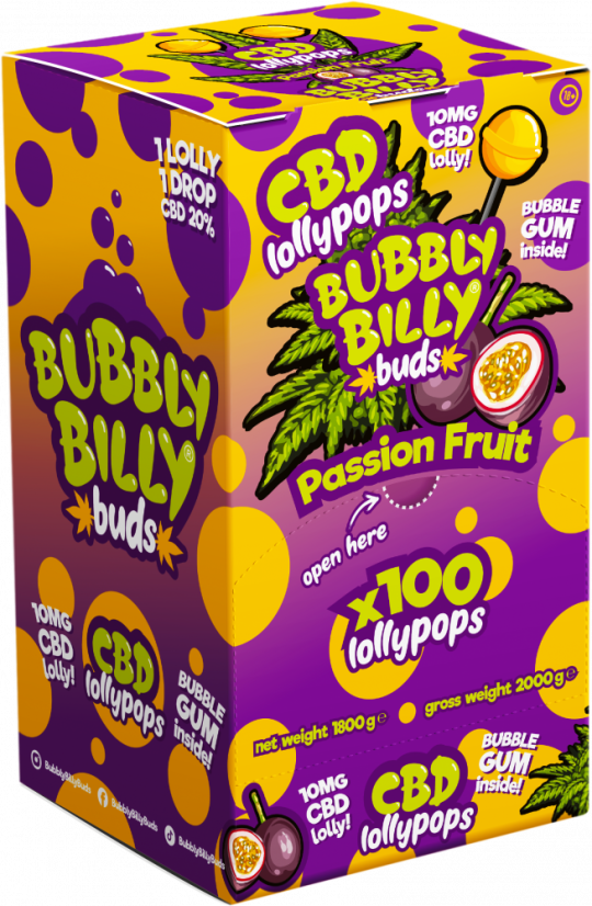 Bubbly Billy Buds 10 mg CBD lizike iz pasijonke z žvečilnim gumijem v notranjosti – razstavna posoda (100 lizik), 2000 g