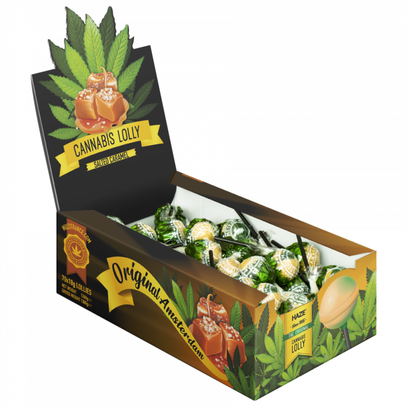 Kannabiszos sózott karamell nyalókák – Kijelző kartondoboz (70 nyalóka), 1260 g