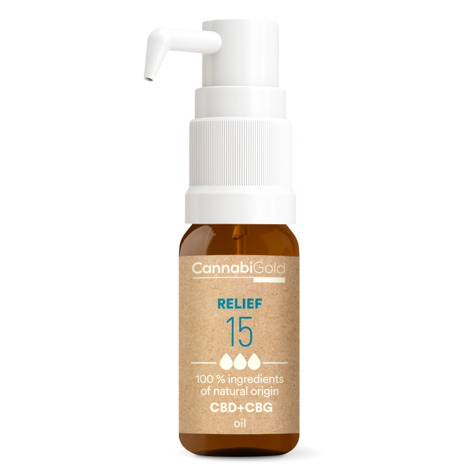 Óleo de CannabiGold Relief 15 % (13,5 % CBD, 1,5 % CBG), 1800 mg, 12 ml