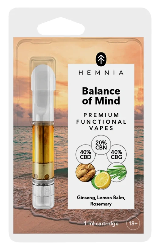 Hemnia Картридж Balance of Mind - 40 % CBD, 40 % CBG, 20 % CBN, женьшень, меліса, розмарин, 1 мл