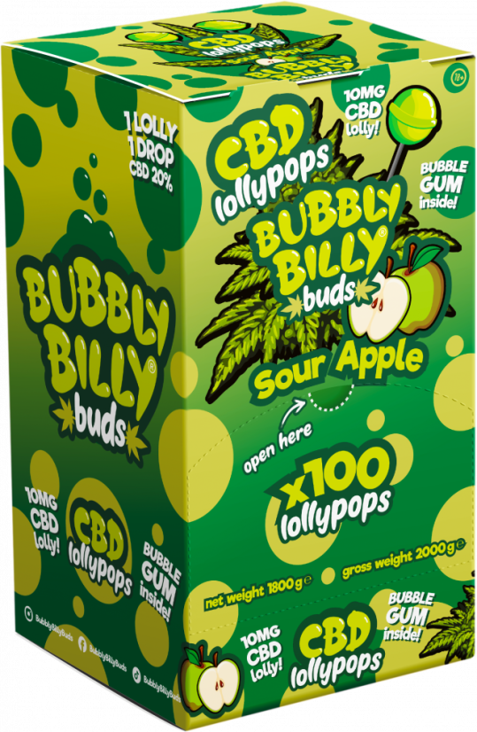Pjenušavi billy pupoljci 10 mg CBD lizalice od kisele jabuke s žvakom iznutra – spremnik za izlaganje (100 lizalica), 2000 g