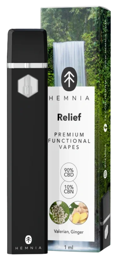 Hemnia Premium Functional Vape Pen Relief - 90 % CBD, 10 % CBN, valeriană, ghimbir, 1 ml