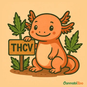 Axolotl mignon avec des feuilles de cannabis en arrière-plan et le texte THCV