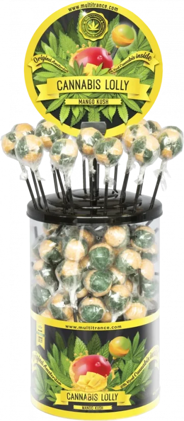 Pirulitos de Cannabis Mango Kush – Recipiente de Exibição (100 Pirulitos), 1800 g