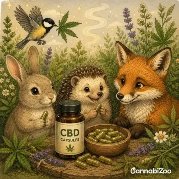 Che cosa sono le capsule di CBD? Animali accanto a un barattolo di capsule di CBD e a una ciotola di capsule di CBD, logo CannabiZoo in basso a destra