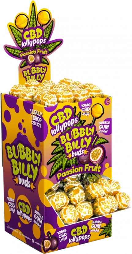 Bubbly Billy Buds 10 mg CBD Pirulitos de Maracujá com Chiclete Dentro - Recipiente Expositor (100 Pirulitos)
