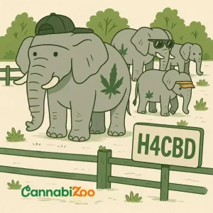 Elefanti illustrati in un recinto con un cartello H4CBD, con il logo CannabiZoo Elefanti illustrati in un recinto con un cartello H4CBD, con il logo CannabiZoo